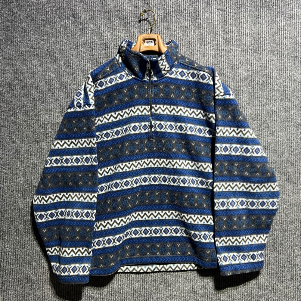 Vintage Bike Fleece Pullover Mens XL Blue Aztec Geometric Quarter Zip Sweater